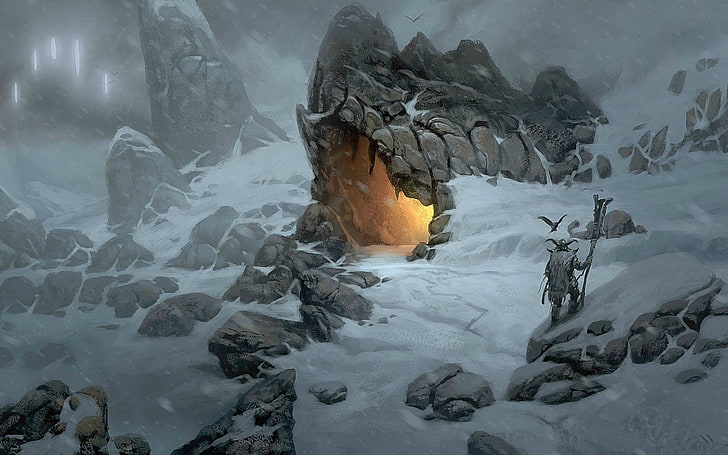 gray cave wallpaper, Vikings, fantasy art, cave, snow, winter, HD wallpaper