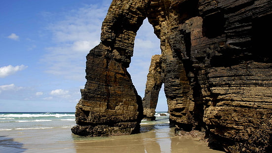 rock, cliff, natural arch, rock formation, coast, sea, cathedrals beach, lugo, spain, galicia, arch, HD wallpaper HD wallpaper