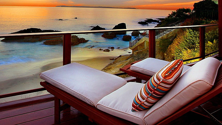 sunset, relax, deck chair, pillow, coast, evening, HD wallpaper