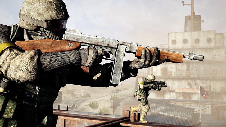 โต๊ะไม้สีน้ำตาลและดำปืนกลปืนกลมือวิดีโอเกม Battlefield Bad Company 2, วอลล์เปเปอร์ HD