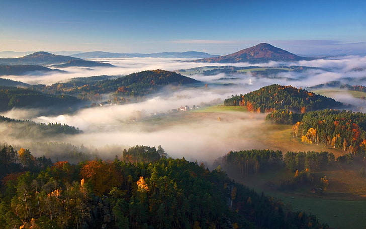 green mountain, nature, landscape, mist, fall, mountains, forest, village, morning, HD wallpaper