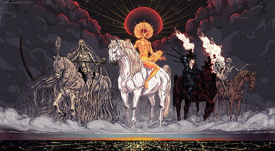 Conquest, death, Famine, Four Horsemen Of The Apocalypse, war, HD wallpaper HD wallpaper
