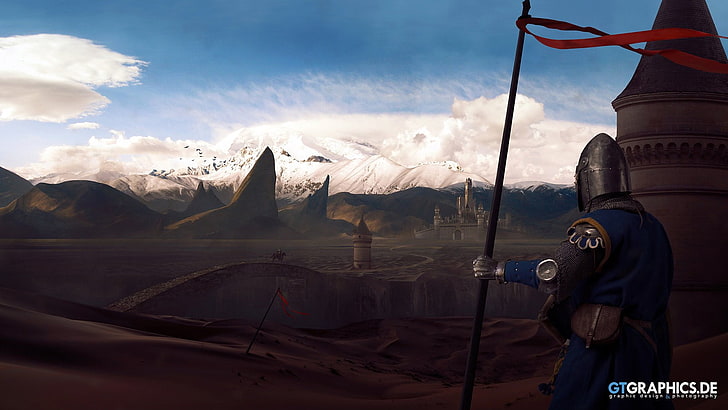 poster permainan tentara berpakaian biru, seni fantasi, penjaga, jembatan, gunung, kastil, Wallpaper HD