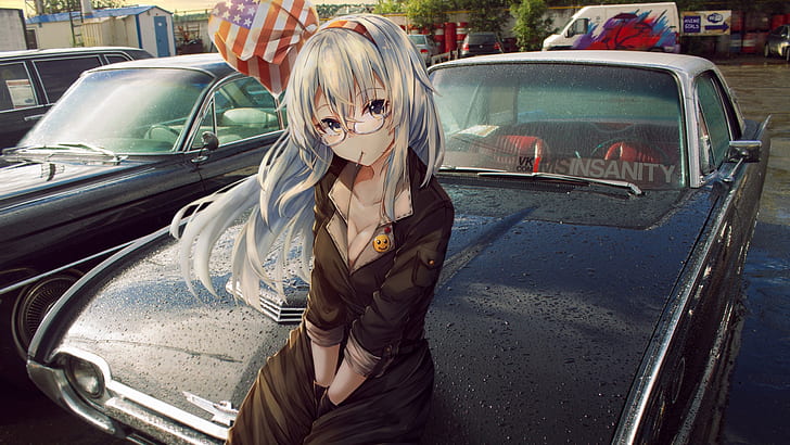 девушка в черном пальто сидит на черном капоте машины, аниме девушки, белые волосы, женщины с автомобилями, HD обои