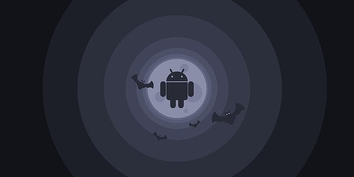 android 13, Android L, Android (operating system), robot, minimalism, logo, operating system, material minimal, simple background, material style, dark background, bats, Moon, HD wallpaper