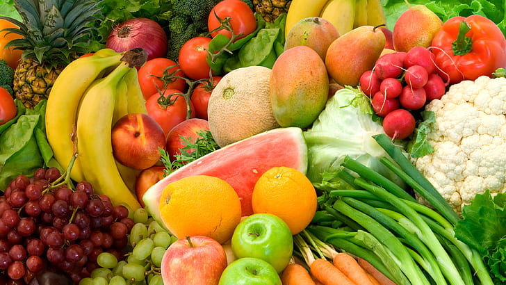 Фрукты и овощи, апельсин, яблоко, банан, помидор, дыня, виноград, Фрукты, овощи, апельсин, яблоко, банан, помидор, дыня, виноград, HD обои