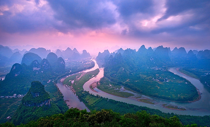 body of water, landscape, river, nature, mountains, China, sunset, forest, clouds, town, green, panoramas, HD wallpaper