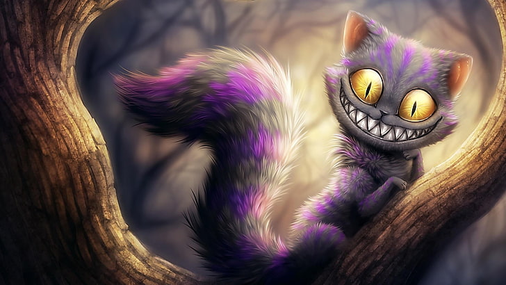 gray cat illustration, Alice in Wonderland, cat, Cheshire Cat, artwork, smiling, branch, fantasy art, HD wallpaper