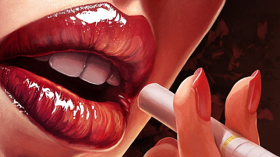 лицо для курящих обоев, красная помада, живопись, курение, губы, сигареты, цифровое искусство, рот, красный, произведение искусства, накрашенные ногти, женщины, HD обои HD wallpaper