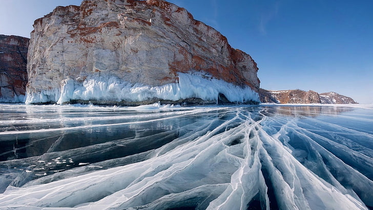 freezing, arctic, ice, winter, lake baikal, cliff, frigid, frozen lake, irkutsk, russia, water, HD wallpaper