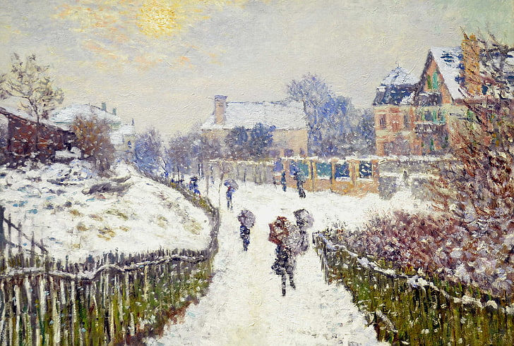 сняг, картина, градският пейзаж, Клод Моне, булевард Сен Дени. Аргентей. Зима, HD тапет