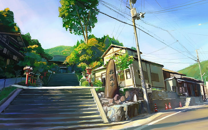 árvores, pintura, escadas, anime, obra de arte, linhas de energia, cone de trânsito, Japão, poste, HD papel de parede