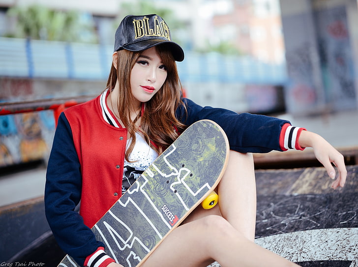 Skateboard, black skateboard, Sports, Skateboarding, Girl, Style, People, Woman, Female, Urban, Model, Sport, Fashion, Cool, Asian, Skateboard, Skateboarder, Skater, asiatic, HD wallpaper