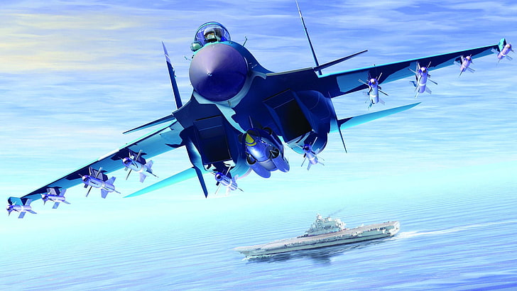 Серый истребитель Су-Су-27, море, графика, ракеты, арт, авианосец, истребитель-носитель, Су-33, Кузнецов, ВМФ, Фланкер-Д, HD обои