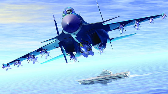 сив изтребител Sukhoi Su-27, море, графика, ракети, изкуство, самолетоносачът, базиран на превозвача изтребител, Su-33, Кузнецов, флот, Flanker-D, HD тапет HD wallpaper