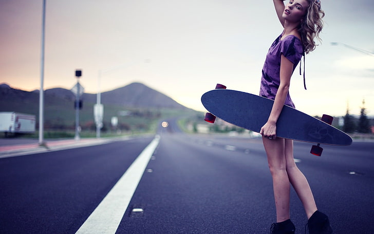 black long board, minidress, back, looking at viewer, blonde, purple dresses, skateboard, skateboarding, depth of field, filter, Rachel Ann Yampolsky, longboard, HD wallpaper