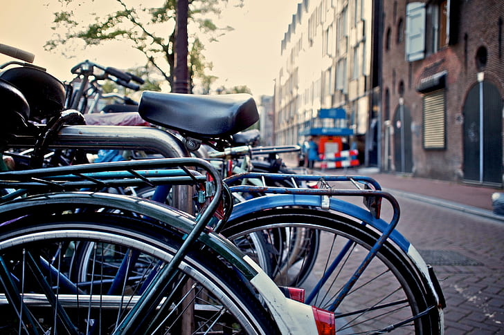 photo of blue city bike during daytime, fun, photo, blue city, city bike, daytime, amsterdam, netherlands, olympus  e-p1, pen, pancake, bicycle, street, urban Scene, city, city Life, transportation, mode of Transport, outdoors, HD wallpaper