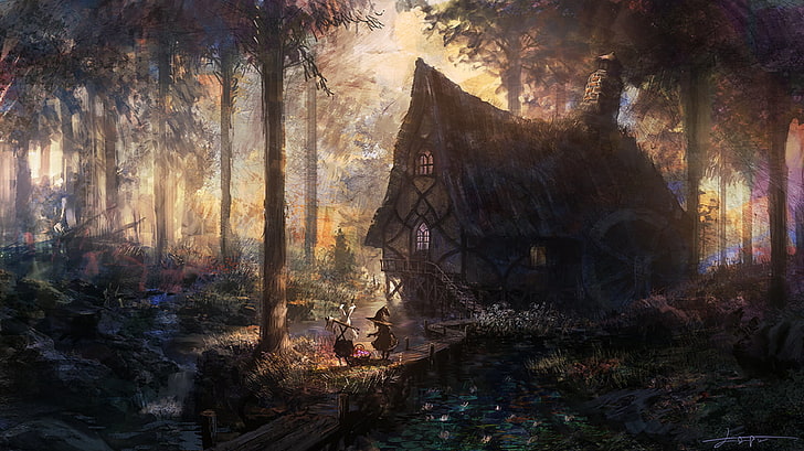 house surrounded with plants painting, house, forest, river, trees, artwork, fantasy art, cabin, HD wallpaper