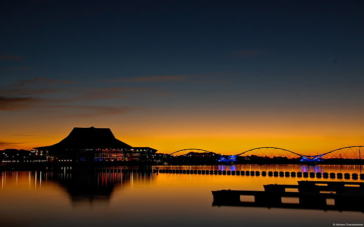 Sunset over Tempe Arizona-Windows 10 HD Wallpaper, silhouette photography of bridge and building, HD wallpaper