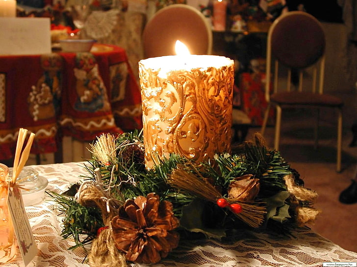 gray pillar candle, new year, christmas, candle, fire, table, cosiness, HD wallpaper