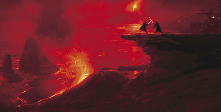 obra de arte, Star Wars: Episodio III - La venganza de los Sith, arte conceptual, sable de luz, Star Wars, Darth Vader, lava, Sith, Jedi, ciencia ficción, mustafar, volcán, Fondo de pantalla HD