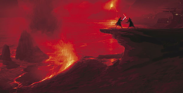 artwork, Star Wars: Episode III - The Revenge of the Sith, concept art, lightsaber, Star Wars, Darth Vader, lava, Sith, Jedi, science fiction, mustafar, volcano, HD wallpaper HD wallpaper