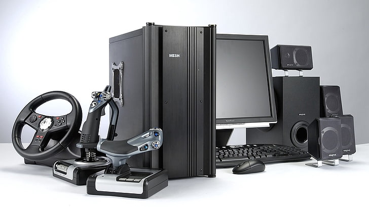 black computer tower, computer, hardware, monitor, system unit, speakers, steering wheel, game, HD wallpaper