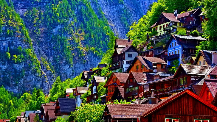 자연, 산 마을, 경계표, 유럽, 도시, 산, 하늘, 마을, 언덕 역, 관광 여행, 주택들, 할슈타트, 오스트리아, 유럽 사람, HD 배경 화면