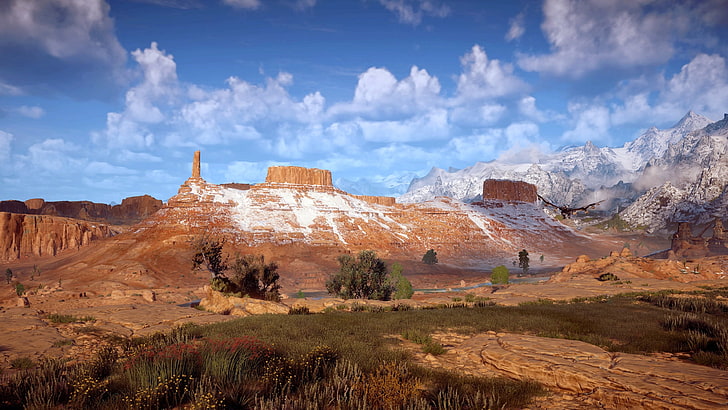 gunung yang tertutup salju, permainan video, Horizon: Zero Dawn, seni digital, PlayStation 4, Wallpaper HD