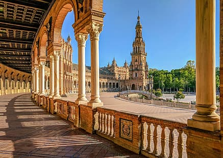 башня, площадь, колонны, архитектура, Испания, Севилья, Площадь Испании, Espana, HD обои HD wallpaper