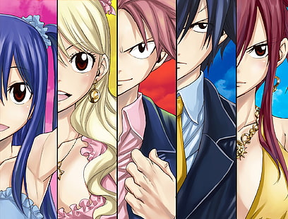 Anime, Fairy Tail, Erza Scarlet, Fullbuster grigio, Lucy Heartfilia, Natsu Dragneel, Wendy Marvell, Sfondo HD HD wallpaper