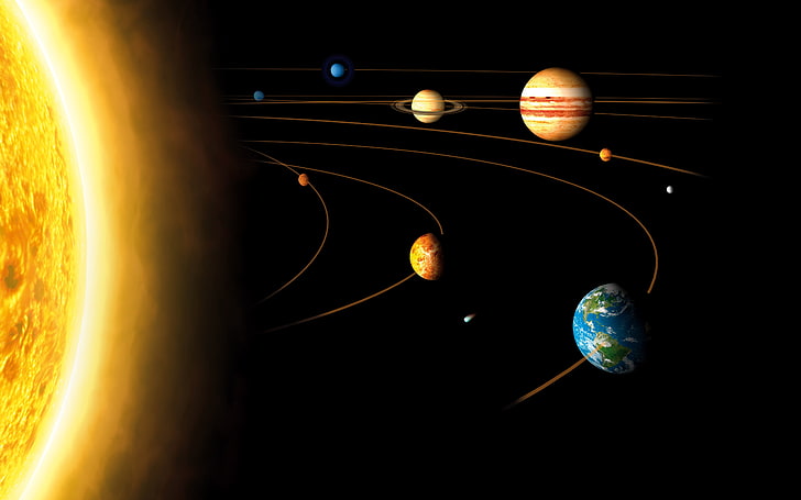 planetas del sistema solar y papel tapiz digital del sol, espacio, Sistema Solar, planeta, Sol, Mercurio, Venus, Tierra, Marte, Júpiter, Saturno, Urano, Neptuno, órbitas, Fondo de pantalla HD