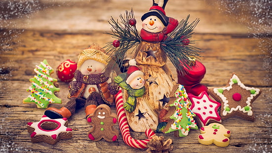 snowman, christmas, christmas decoration, christmas ornament, holiday, gingerman, gingerbread, HD wallpaper HD wallpaper
