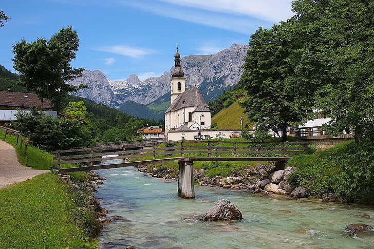 mountains, bridge, river, Germany, Bayern, Alps, Church, Bavaria, Ramsau, St Sebastian Church, HD wallpaper