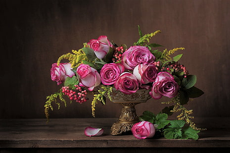 Fotografi, stilleben, skål, blomma, blad, rosa blomma, ros, vas, HD tapet HD wallpaper