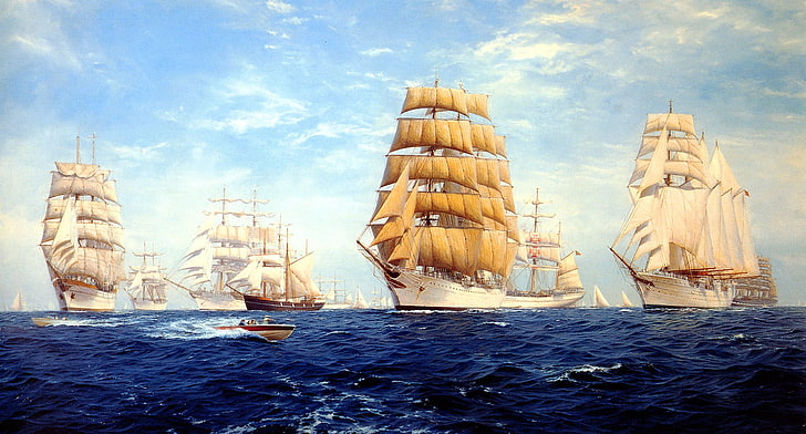 sailing ship, sea, artwork, ship, HD wallpaper
