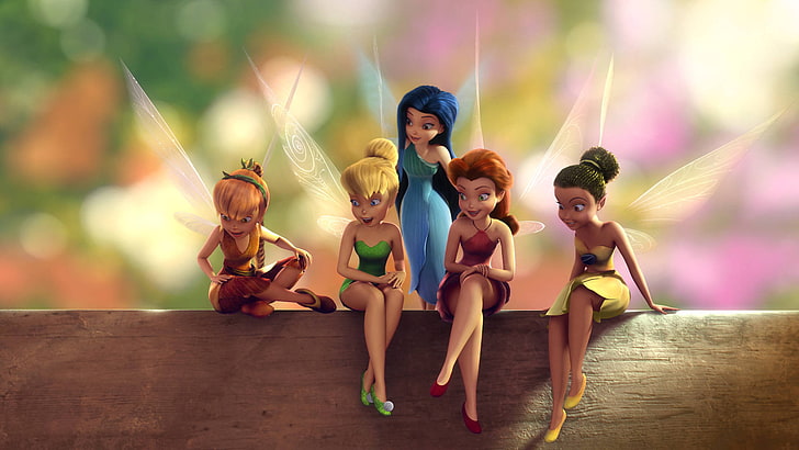Disney Fairies, цвет, мультфильм, крылья, эльфы, яркость, наряды, мультфильмы, платья, разговор, колокольчик, мифические существа, разноцветные волосы, волшебная девушка, сидящая фея, HD обои
