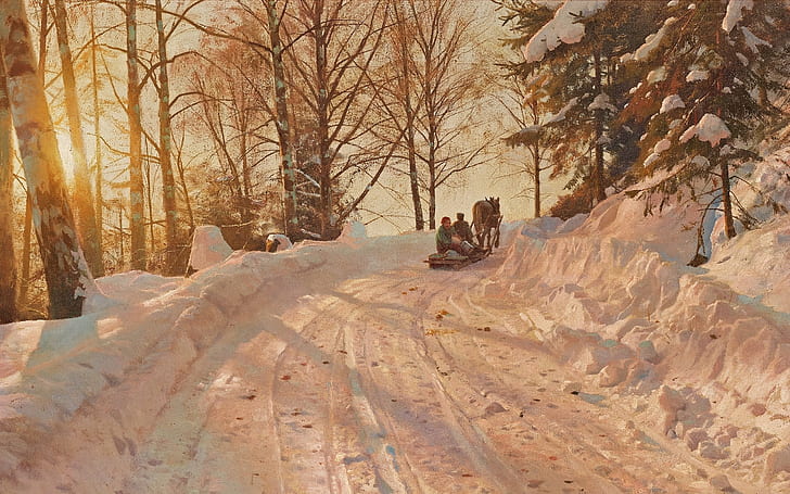 1918, pintor dinamarquês, Peter Merk de Menstad, Peder Mørk Mønsted, pintor realista dinamarquês, paisagem de inverno com trenó, HD papel de parede