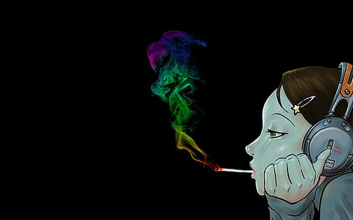 аниме, аниме девушки, черный фон, сигареты, цветной дым, наушники, HD обои HD wallpaper