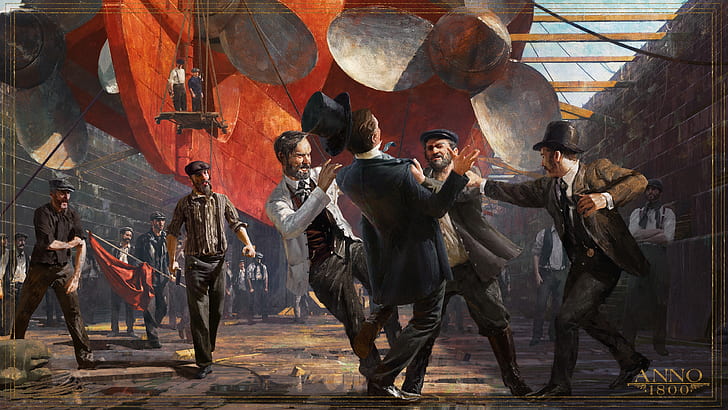 Anno 1800, 1800s, ศิลปะดิจิตอล, แนวคิดศิลปะ, หมวกทรงสูง, เรือไอน้ำ, อู่ต่อเรือ, คนงาน, ใบพัด, งานศิลปะ, Ubisoft, วอลล์เปเปอร์ HD