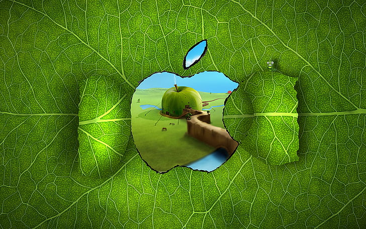 Прозорец с лого на Apple, ябълково листо, ябълково зелено, фон, ябълкова фантазия, лого на ябълка, HD тапет
