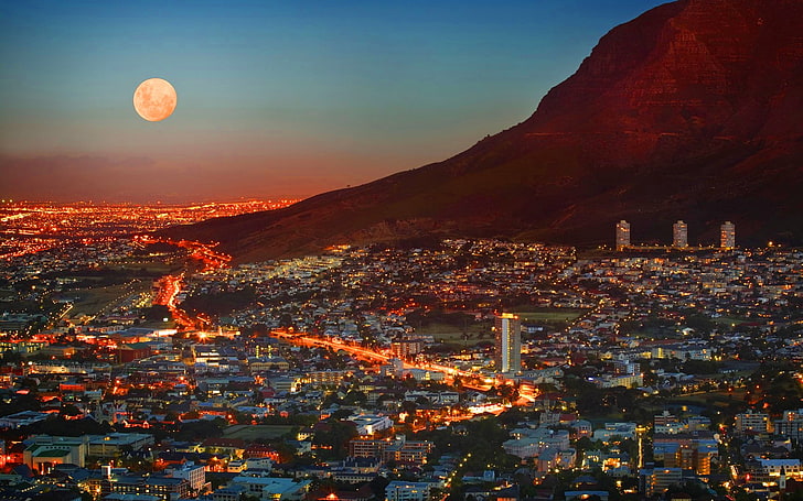 Miasto Kapsztad RPA, wieżowce w pobliżu ilustracji górskich, widoki miast, Kapsztad, pejzaż miejski, księżyc, RPA, Tapety HD