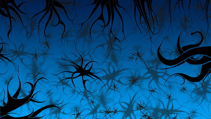 seni klip mikroorganisme hitam, bayangan, latar belakang biru, pola hitam, Wallpaper HD