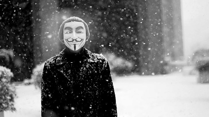 cappotto da uomo, anonimo, neve, monocromatico, maschera di Guy Fawkes, Sfondo HD