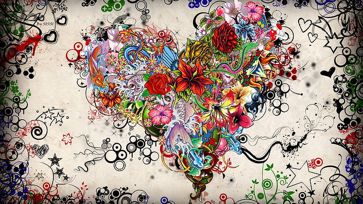 multicolored floral digital wallpaper, abstract, flowers, heart, rose, artwork, HD wallpaper