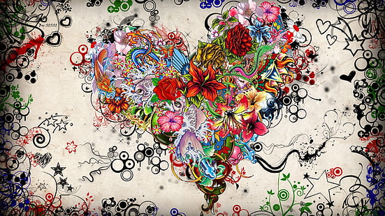 multicolored floral digital wallpaper, abstract, flowers, heart, rose, artwork, HD wallpaper HD wallpaper