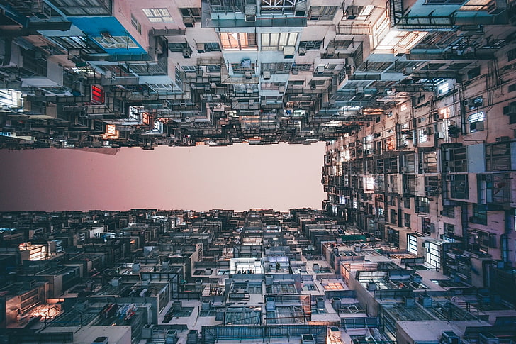 biało-niebieski betonowy budynek, Hongkong, pejzaż miejski, zachód słońca, skumulowany, Azja, Chiny, apartamenty, drapacze chmur, Tapety HD