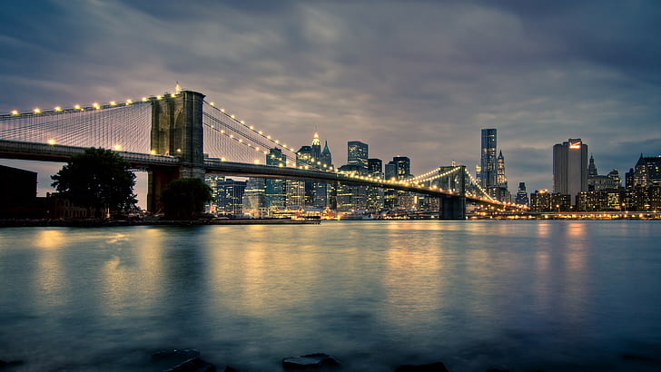 Brooklyn Bridge Bridge New York Lights budynki River Skyscrapers HD, budynki, pejzaż miejski, drapacze chmur, most, rzeka, światła, nowy, jork, brooklyn, Tapety HD