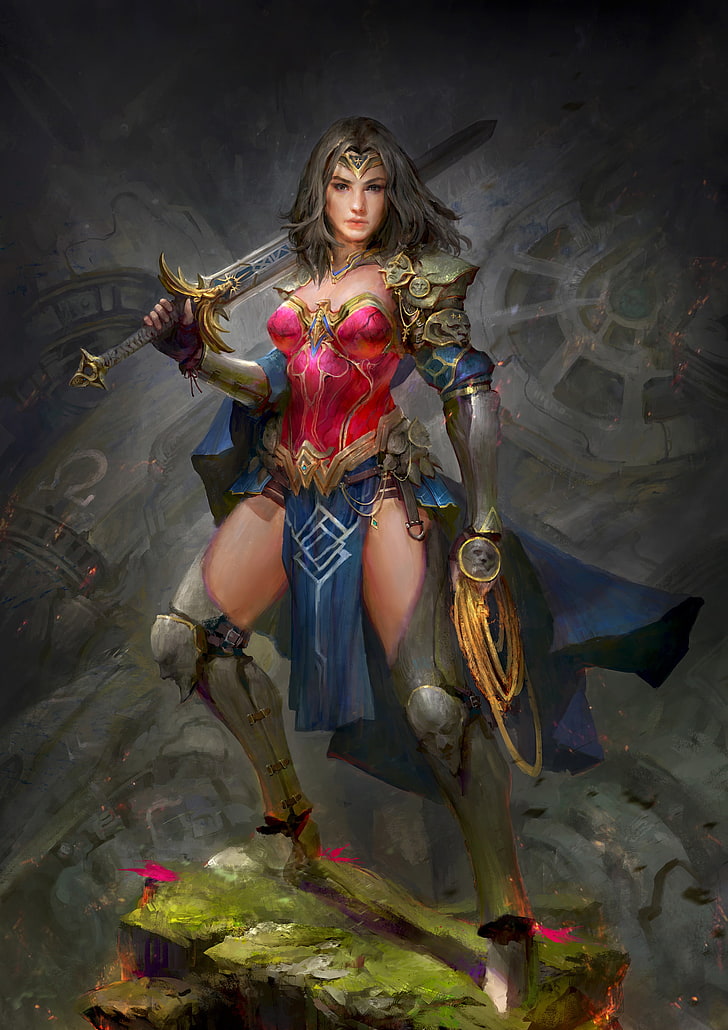 seni fantasi, pedang, prajurit, Wonder Woman, Wallpaper HD, wallpaper seluler