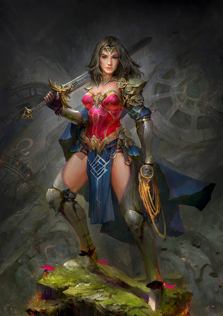 sword, fantasy art, warrior, Wonder Woman, HD wallpaper